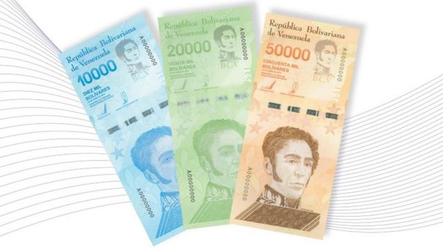 Nuevos billetes de 10.000, 20.000 y 50.000 bolívares.