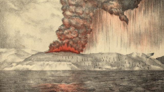 Litograf dari Parker & Coward yang dibuat untuk Laporan Royal Society soal Erupsi Krakatau yang terbit pada 1888 menggambarkan awan dari letusan Krakatau (Rakata) di Indonesia pada tahap awal letusan, yang kemudian menghancurkan sebagian besar pulau tersebut.