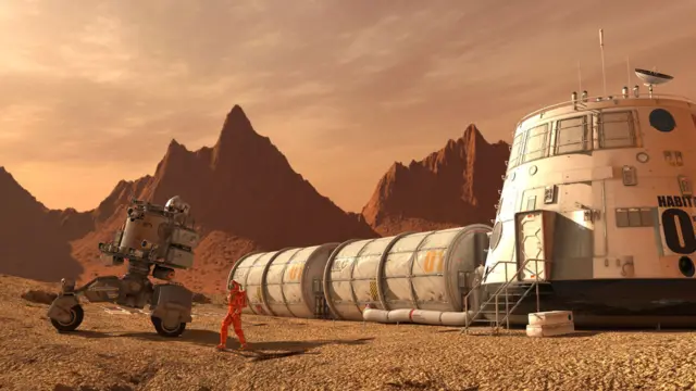 Ilustración de cómo se vería un asentamiento humano en Marte