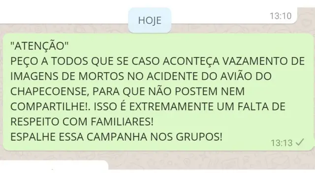 Mensagem pedindo que fotoscasino memortos não fossem divulgadas