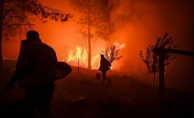 Villagers carry buckets with water to try extinguish a fire that was coming close to their houses at Amendoa in Macao, central Portugal on July 21, 2019.