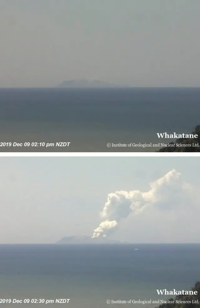 Combination photo shows Whakaari, also known as White Island, volcano shortly before and after eruption