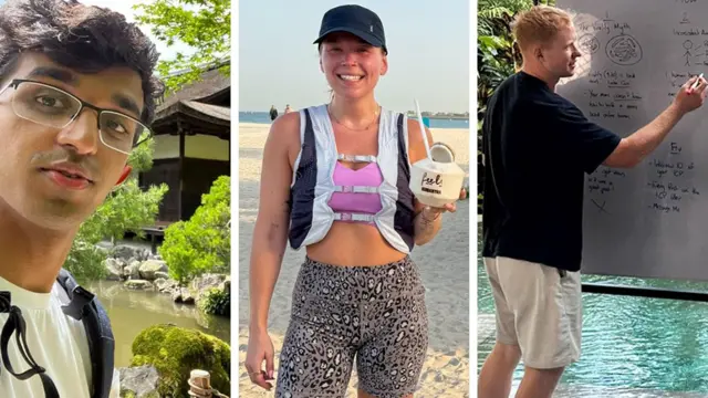  Ray Amjad em Tóquio, Isobel Perl em Dubai e Sol Hyde em Bali em uma imagem composta dividida em três partes