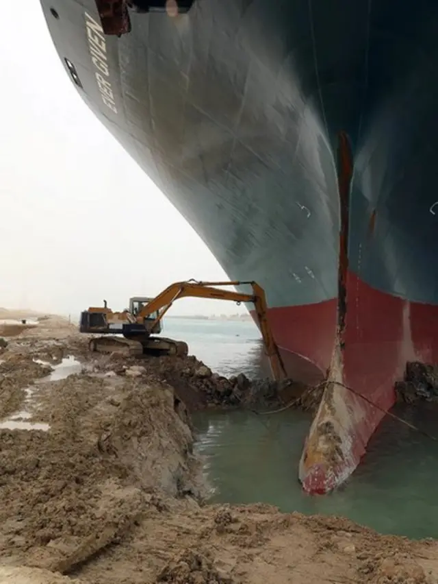 Images of excavators working to clear the silt and mud around the bow of the Ever Given emphasised the enormous scale of the stuck vessel (Credit: UPI/Alamy)