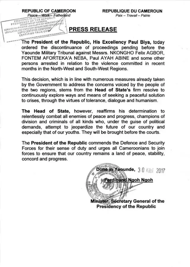 Dis na press release wey President Paul Biya announce for Facebook and Radio to free di leaders of di southern Cameroun protesters wey dey for prison