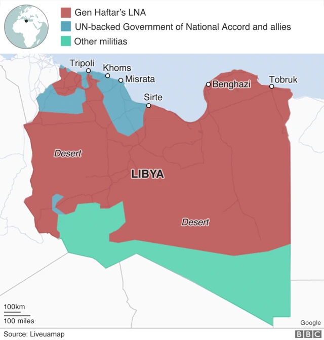 Girman taswirar yankin da ke karkashin ikon dakarun Janar Heftar da kuma yankin da gwamnatin Tripoli ke iko
