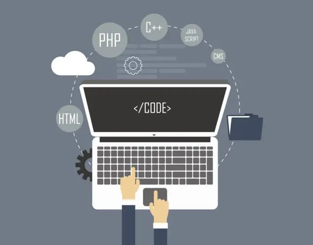 Ilustración de una computadora con líneas de código