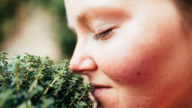 Mulher em primeiro plano cheirando ervas