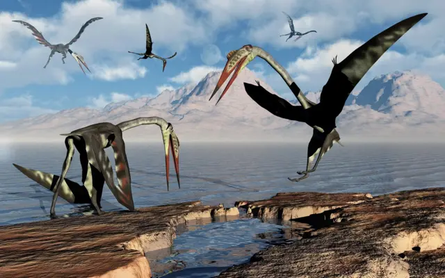 A flock of Quetzalcoatlus during Earths Cretaceous period of time