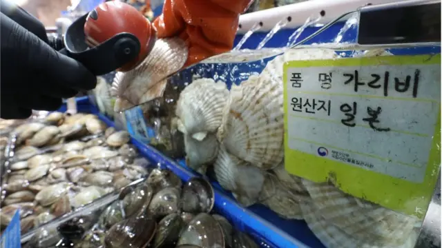 일본 정부가 후쿠시마 제1원자력발전소 오염수의 해양 방출 결정을 내린 13일 서울 동작구 노량진수산시장에서 수산시장 관계자가 일본산 가리비를 대상으로 방사능 측정을 하고 있다