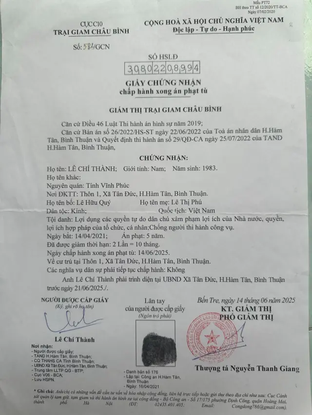 Chứng nhận chấp hành xong án tù tại Việt Nam của ông Lê Chí Thành