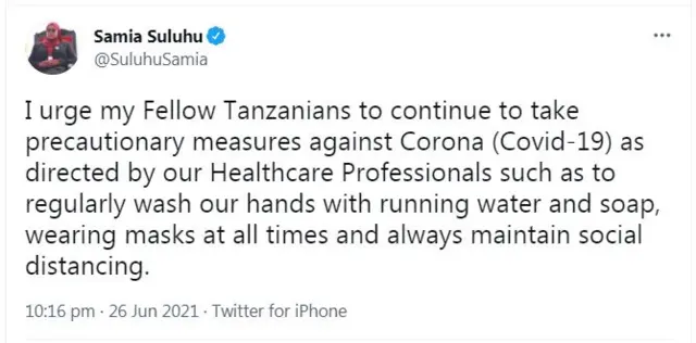 Ifoto yafashwe y'ibyo Perezida Samia yatangaje kuri Twitter ashishikariza Abanya-Tanzania gukurikiza ingamba zo kwirinda zitangwa n'urwego rw'ubuvuzi