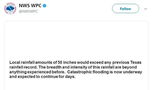 "NWS: Bölgeye yaklaşık 125 cm'lik, daha önce Teksas'ta hiç görülmemiş boyutta yağış düşmesi bekleniyor. Genişliği ve yoğunluğu daha önce karşılaştıklarımızın çok ötesinde. Felaket boyutunda bir sel yaşıyoruz ve günlerce süreceğini tahmin ediyoruz."