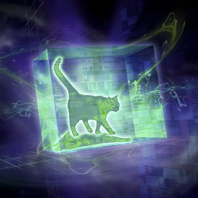Schrodinger's cat. Computer artwork showing a cat both dead and alive inside a box.