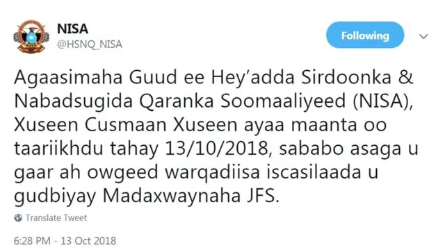Barta Twitter-ka ee Hay'adda Sirdoonka iyo Nabad Sugida Qaranka Soomaaliya (NISA)
