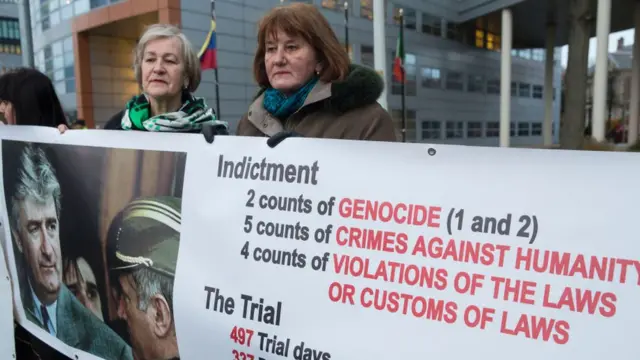 протестующие с плакатом о караджиче