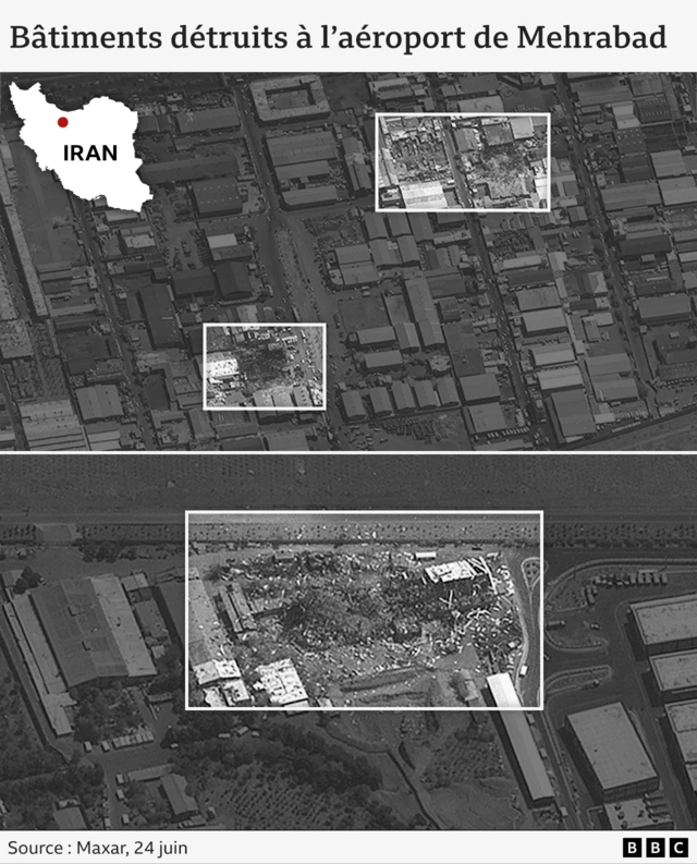 Images satellite Maxar de l'aéroport de Mehrabad montrant des bâtiments détruits.