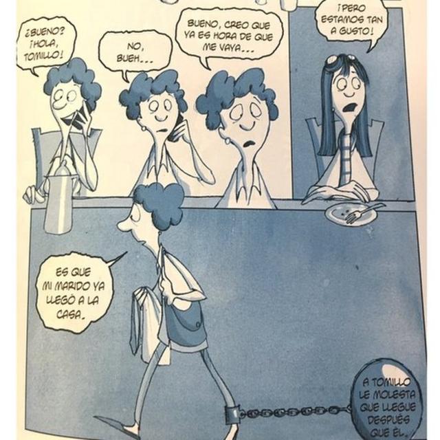 Caricatura en la que la protagonista se va de una reunión con amigas porque el marido llegó a la casa. (Crédito: Eva Lobatón)