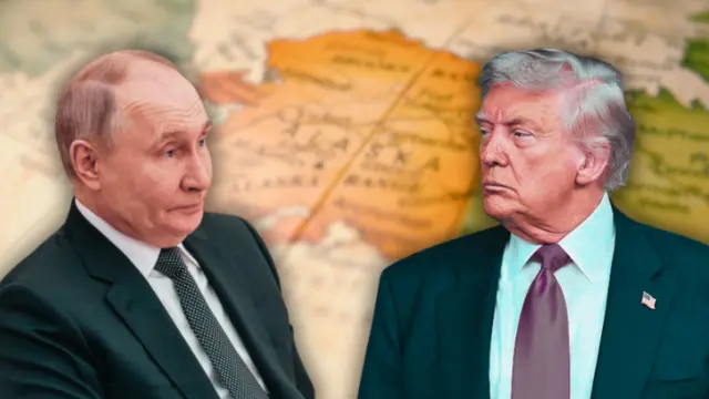 Колаж - Трамп та Путін на тлі мапи Аляски