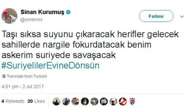 تغريدة حول هاشتاغ "يا سوريون عودوا إلى بلادكم" الذي انتشر في تركيا