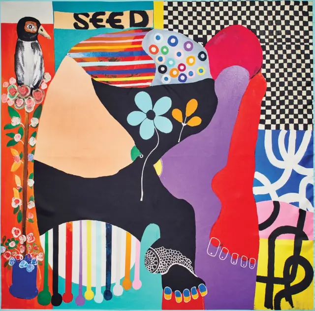 Une peinture abstraite de Kojo Marfo copiée sur un foulard en soie