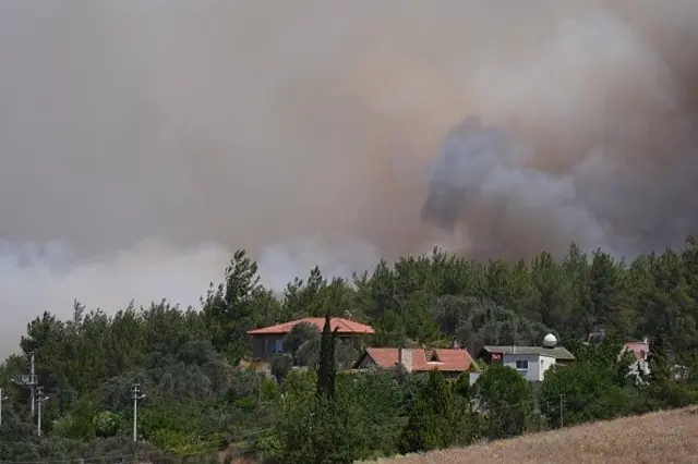 Menderes ve Seferihisar ilçeleri sınırlarında çıkan orman yangınının yerleşim yerlerine sıçradığı bildirildi, 29 Haziran 2025. 