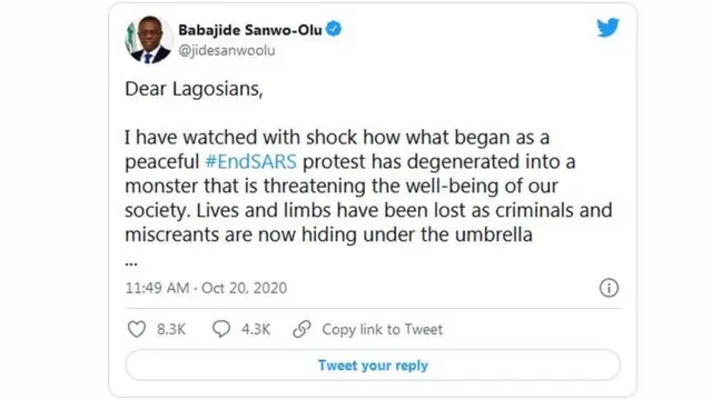 Aworan ọrọ Gomina Sanwoolu ni Twitter