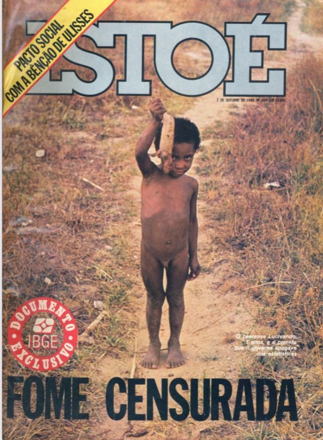 Capa da revista IstoÉ de outubro de 1985 com a manchete "Fome Censurada", sobre a imagem de uma criança pobre, nua, segurando um rato