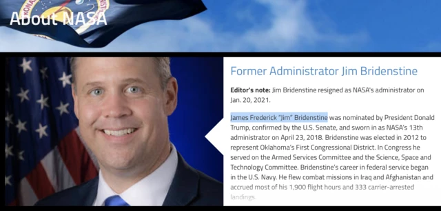 नासा की वेबसाइट पर पूर्व नासा एडमिनिस्ट्रेटर जेम्स फ्रेडरिक 'जिम' ब्राइडेंसटाइन