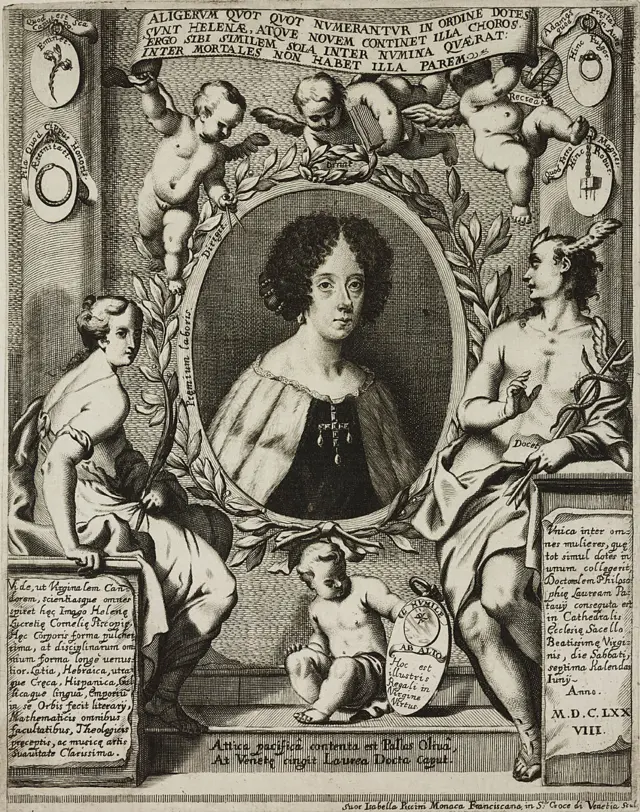 Retrato de Elena Lucrezia Cornaro Piscopia (1646-1684), erudita italiana, grabado de Isabella Piccini, de La Conchiglia celeste (La concha celestial), de Giovanni Battista Fabri, 1690, Venecia.