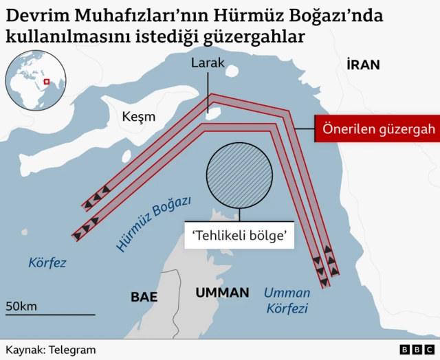 İran'ın Hürmüz Boğazı'ndan geçişler için yayımladığı harita. Boğazın ortası "tehlikeli bölge" olarak belirlenirken gemilere İran karasularına yakın güzergah üzerinden geçmeleri öneriliyor.