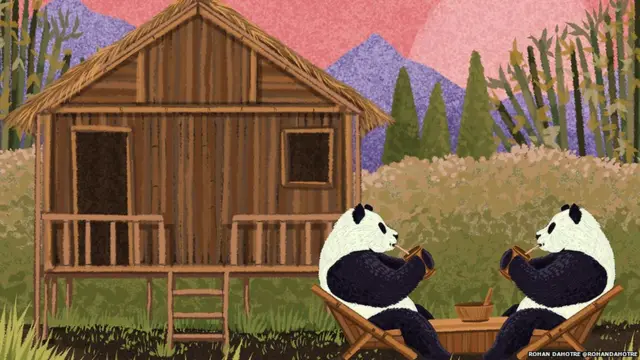 Two pandas having tea with a house made of bamboo in the background, ਵਾਤਾਵਰਨ ਤਬਦੀਲੀ