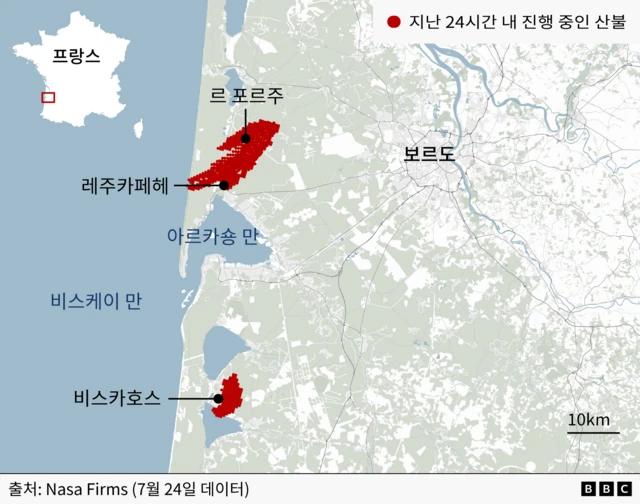 보르도 서쪽 르 포르주, 레주카페헤, 비스카호스 지역이 빨갛게 표시된 지도
