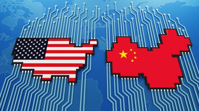 Bandera De Estados Unidos Y China En La Cpu De La Computadora