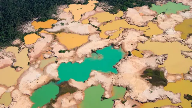 Flaques d'eau colorées sur une zone déboisée.