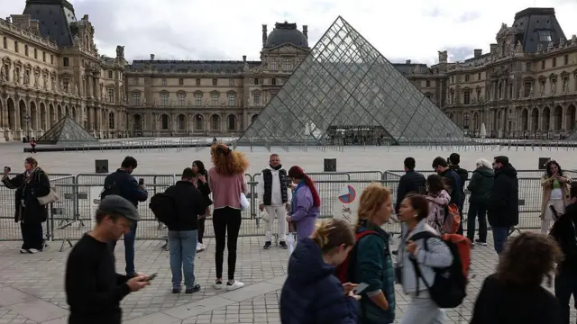 Туристы на фоне стеклянной пирамиды Лувра