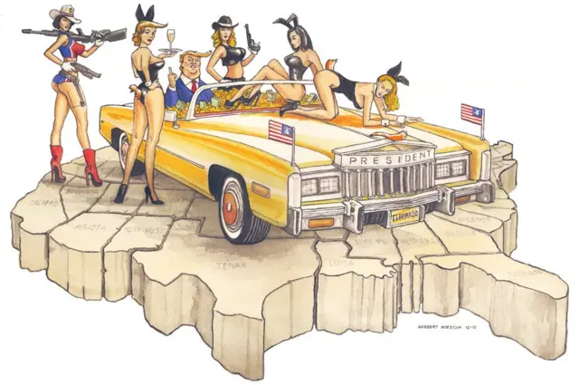 Imagen satírica de Donald Trump en un auto que dice 'Presidente y 'El Dorado', rodeado de mujeres con sólo ropa interior y orejas de conejo.