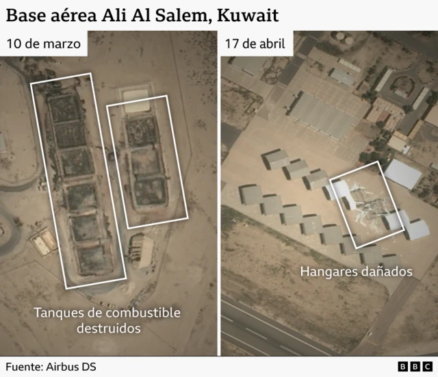 Composición que muestra dos imágenes de la misma base de EE.UU. en Kuwait, antes y después de un ataque de Irán.