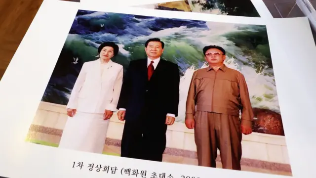 2000년 평양에서 열린 남북정상회담에 기념사진을 찍은 이희호 여사, 김대중 전 대통령, 김정일 국방위원장