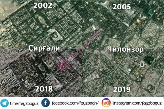 Google Map суратлари орқали Ўзбекистон шаҳарларида дарахтлар қанчалар кўп кесилганини кўриш мумкин.