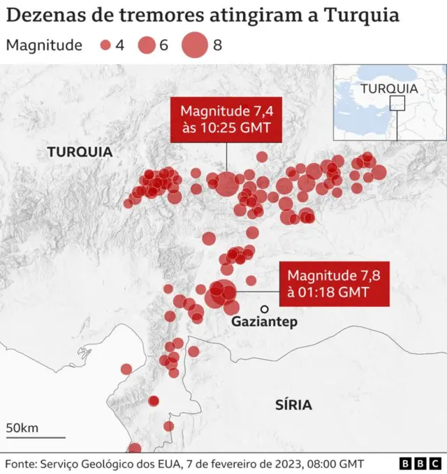 Mapa da BBC mostra as dezenasgrupo whatsapp de apostastremores que atingiram a Turquia