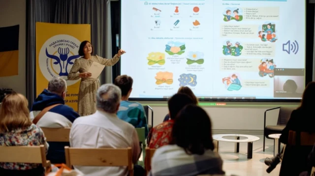 На фото захід, жінка біля інтерактивної дошки, на якій зображена сторінка з підручника