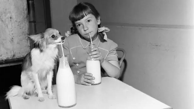 Imagen a blanco y negro de los años 50. Se ve una niña y un perro toman leche cada uno de una botella de vidrio diferente 