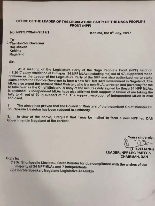 टीआर जेलियांग को राज्यपाल को भेजा पत्र