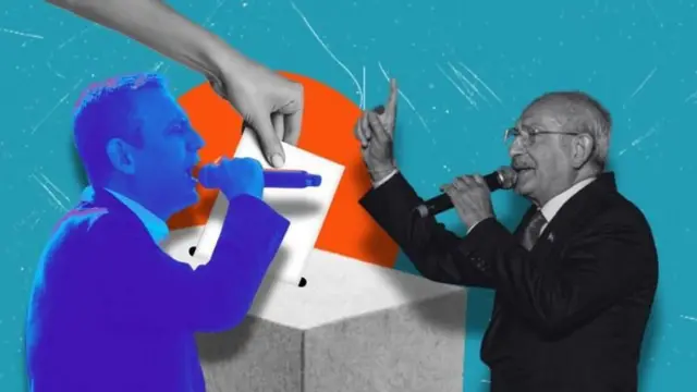 Özgür Özel ve Kemal Kılıçdaroğlu'nun ayrı ayrı konuşurken fotoğraflarının bir araya monte edilmesiyle oluşturulmuş bir görsel