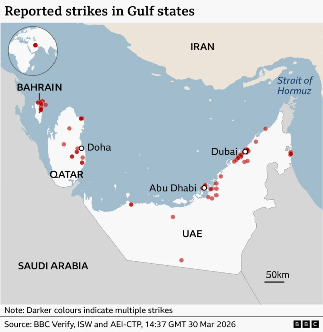 Taswira da ke nuna hare-haren Iran a Bahrain, Qatar da kuma UAE.