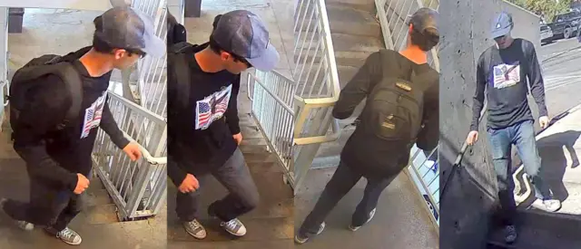 Capturas de video de un hombre vestido de negro, con zapatillas, gorra y mochila, bajando por una escalera.