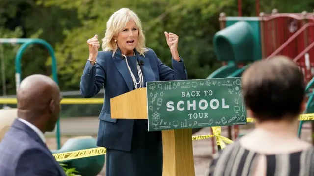 Dr. Jill Biden, wife of U.S. Democratic presidential candidate Joe Biden, speaks during a "back to school" tour of Shortlidge Academy in Wilmington, Delaware, U.S., September 1, 2020