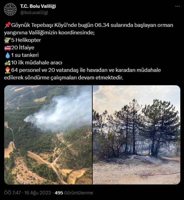 Bolu Valiliği'nin paylaşımı