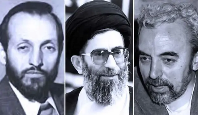 از راست: حبیب‌الله عسگر اولادی از جمعیت موتلفه اسلامی، علی خامنه‌ای کاندید حزب جمهوری اسلامی و محمود کاشانی، کاندیدای مستقل